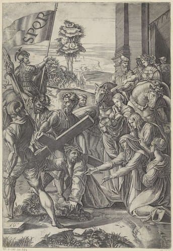 Christus bezwijkt onder het gewicht van het kruis by Agostino Veneziano