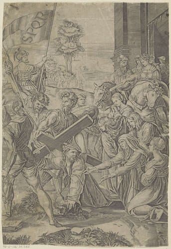Christus bezwijkt onder het gewicht van het kruis by Agostino Veneziano