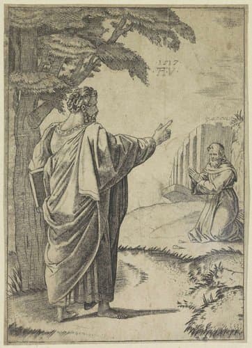 De heilige Paulus en een Franciscaner monnik by Agostino Veneziano