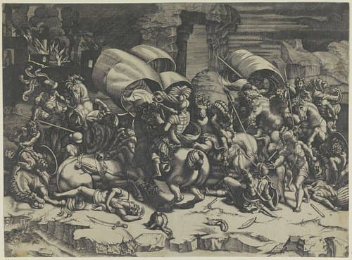 Veldslag tussen Romeinen en Carthagers by Agostino Veneziano