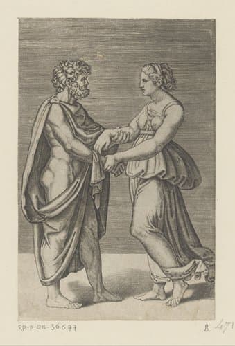 Man en vrouw elkaar bij de arm vasthoudend by Agostino Veneziano
