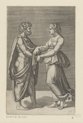 Man en vrouw elkaar bij de arm vasthoudend by Agostino Veneziano