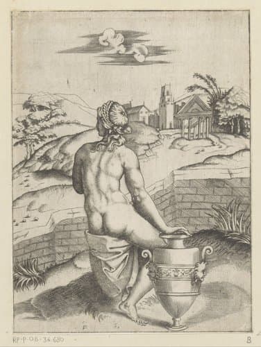 Vrouw gezeten bij een amfoor by Agostino Veneziano