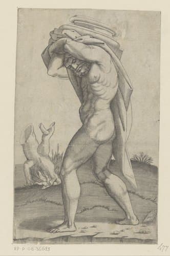 Man met het basement van een zuil op zijn rug by Agostino Veneziano
