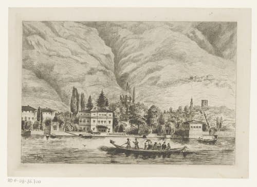 Berglandschap met bebouwde oever by Frederic Mylius