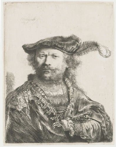 Self-portrait in a velvet cap with plume by Rembrandt van Rijn