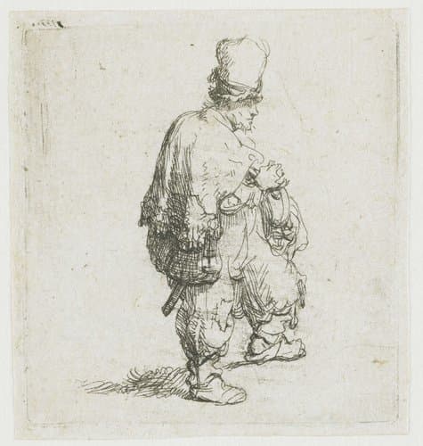 A standing hurdy-gurdy player by Rembrandt van Rijn
