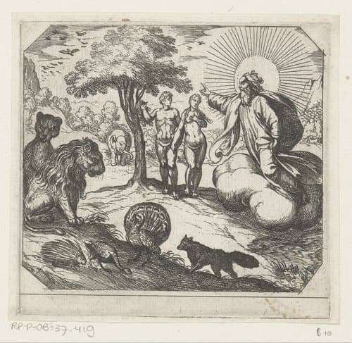 God verbiedt Adam en Eva van de boom der kennis te eten by Antonio Tempesta