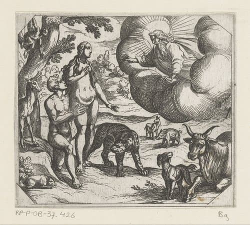 Adam en Eva in de Hof van Eden geplaatst by Antonio Tempesta