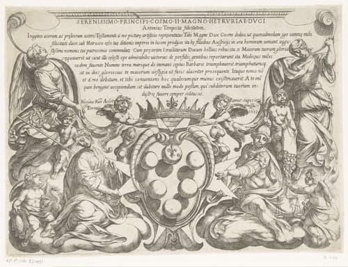 Titelprent met opdracht aan en wapen van Cosimo II de'Medici en voorstellingen van Rechtvaardigheid by Antonio Tempesta