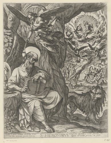 H. Hieronymus in de wildernis contemplerend over het laatste oordeel by Antonio Tempesta