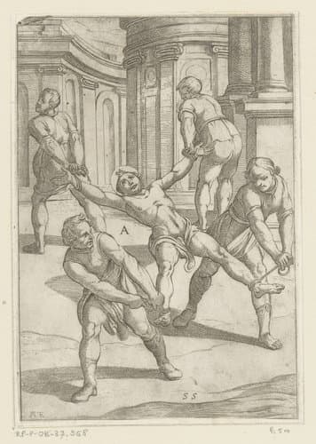 Vier mannen trekken aan ledematen van heilige by Antonio Tempesta