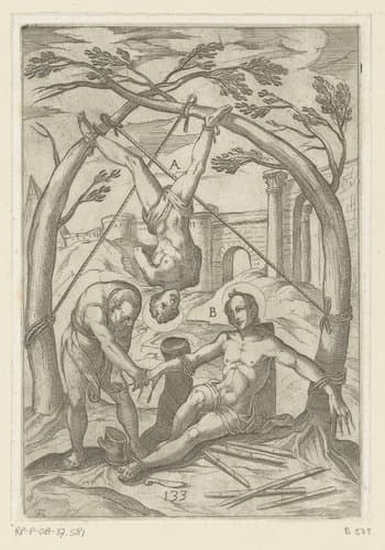 Foltering: hangen tussen gespannen bomen en spijkers onder de nagels by Antonio Tempesta