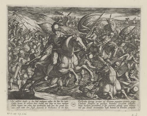 Cerialis drijft de Nederlanders in de Rijn by Antonio Tempesta