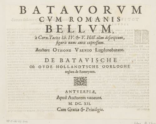 Titelprent van De Oorlog van de Romeinen tegen de Batavieren by Antonio Tempesta