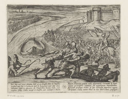 Een schuit vol graan wordt naar de kust getrokken by Antonio Tempesta