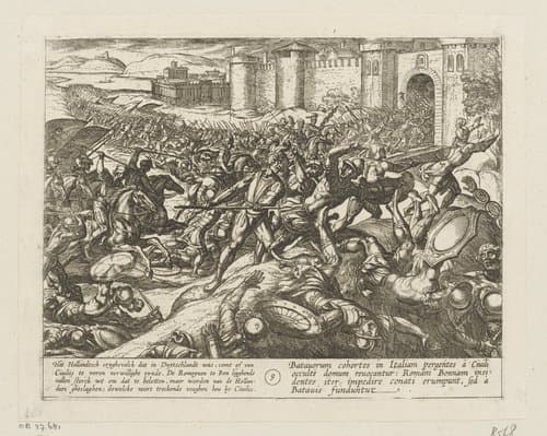 Batavorum cum Romanis Bellum, à Corn. Tacito / De Batavische Oft Oude Hollandtsche Oorloghe teghen de Romeynen by Antonio Tempesta