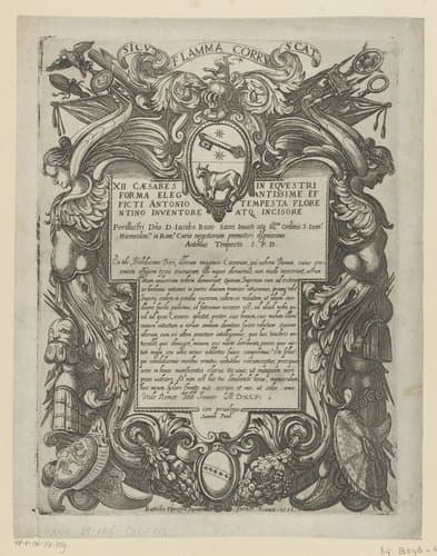 Titelprent met cartouche met twee gevleugelde figuren by Antonio Tempesta