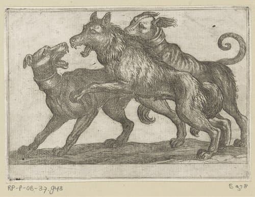 Twee honden in gevecht met een wolf by Antonio Tempesta