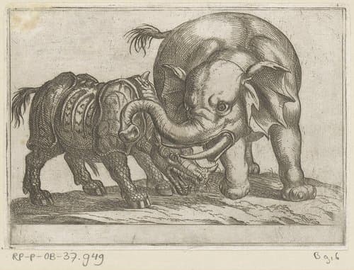 Een neushoorn vecht met een olifant by Antonio Tempesta