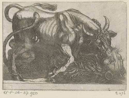 Een stier vechtend met een leeuw by Antonio Tempesta