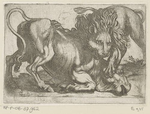 Een leeuw een stier aanvallend by Antonio Tempesta