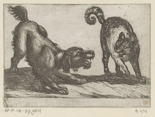Een hond vechtend met een kat by Antonio Tempesta