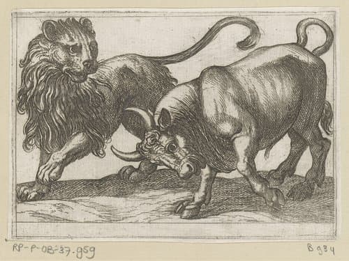 Een stier een leeuw aanvallend by Antonio Tempesta