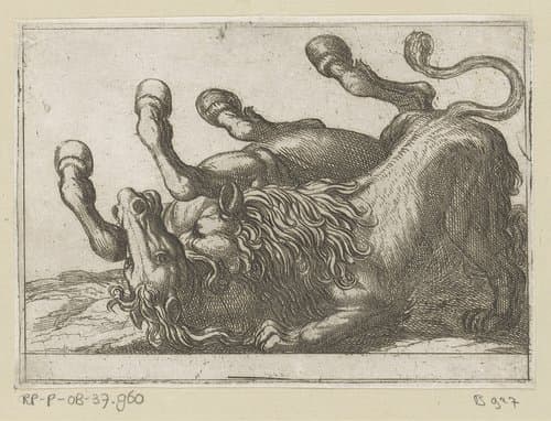 Een leeuw bijt in de nek van een paard by Antonio Tempesta