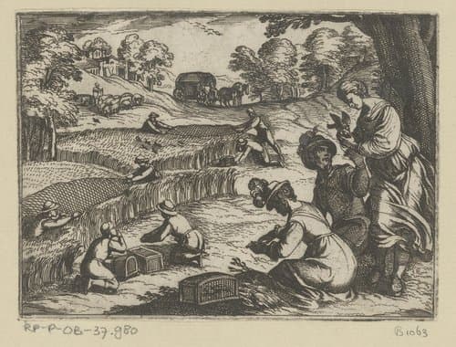 Jagers vangen kleine vogels in het hoge gras by Antonio Tempesta