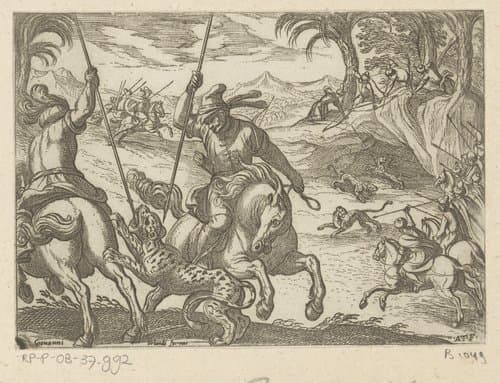 Twee mannen te paard doden een luipaard by Antonio Tempesta