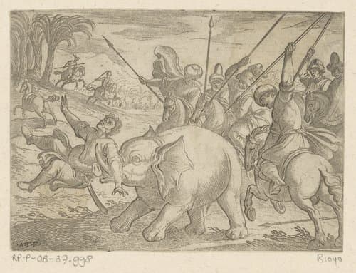 Jacht op olifant waarbij de olifant een man doodt by Antonio Tempesta