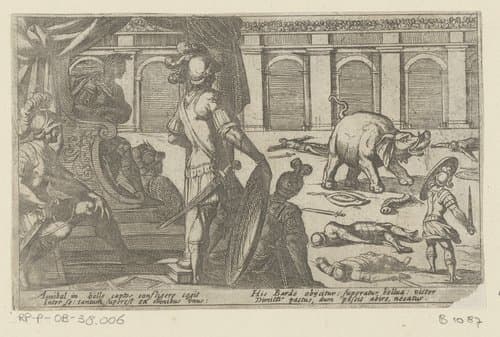 Gladiatoren vechten met een olifant in een arena by Antonio Tempesta