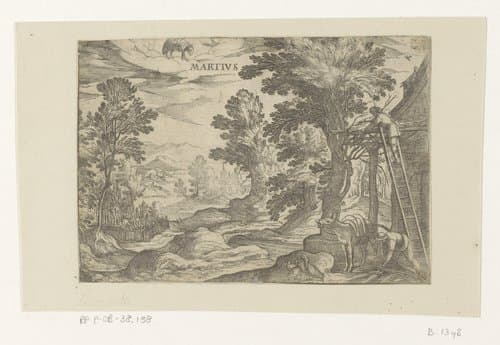 Maart: plattelandsscène met muildier en gevogelte (ram) by Antonio Tempesta