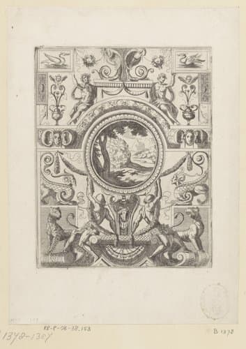 Grotesk ornament met landschap in het midden by anonymous