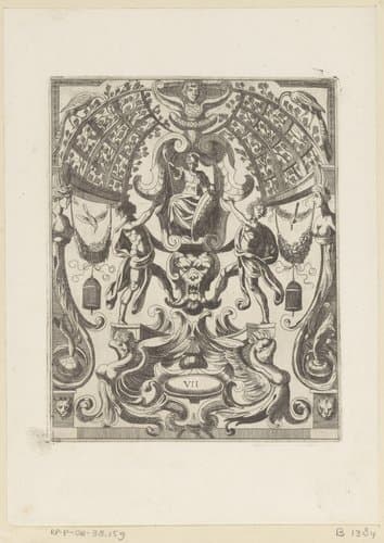 Grotesk ornament met de tronende godin Minerva in het midden by anonymous