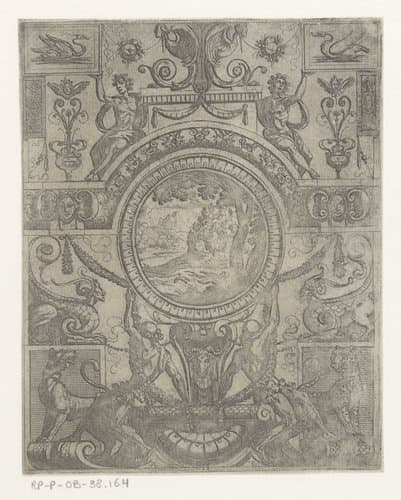 Grotesk ornament met landschap in het midden by Antonio Tempesta