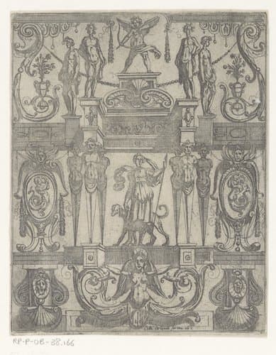 Grotesk ornament met de godin Diana in het midden by Antonio Tempesta