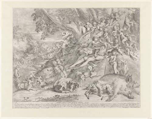 Venus en Adonis na de jacht by Pietro Testa