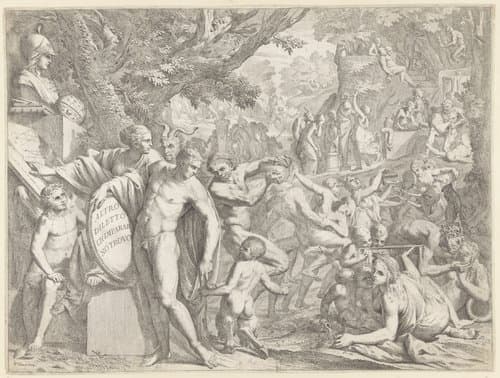 Jongeman met buste van Minerva en dansende saters by Pietro Testa