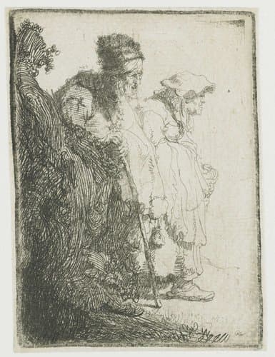 Beggar man and woman behind a bank by Rembrandt van Rijn