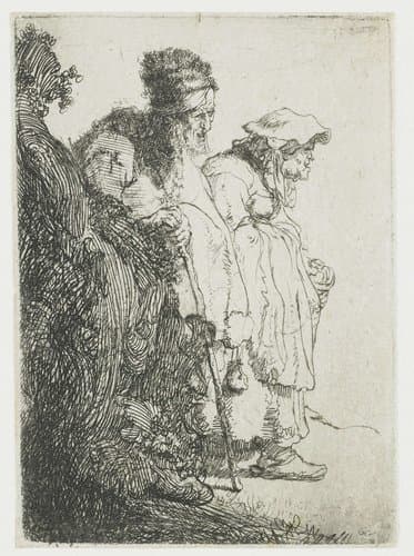 Bedelaar en bedelares, komende vanachter een heuveltje by Rembrandt van Rijn
