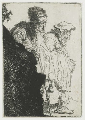 Beggar man and woman behind a bank by Rembrandt van Rijn