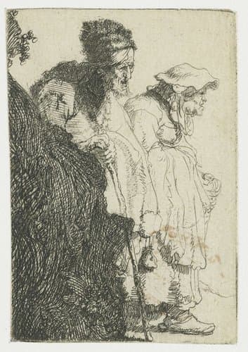 Beggar man and woman behind a bank by Rembrandt van Rijn