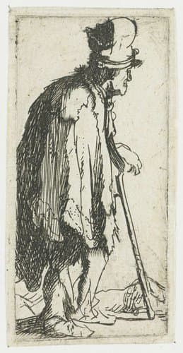 Bedelaar, met verkrampte hand, leunend op een stok by Rembrandt van Rijn