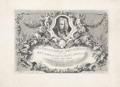 Titelprent met portret van Michele Marieschi in ornamenteel cartouche by Carlo Orsolini