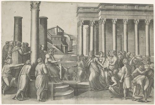 Salomo en de koningin van Seba by Marcantonio Raimondi