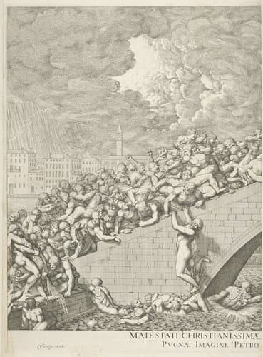 Vechtpartij op brug in Venetië (linker deel) by Domenico Rossetti