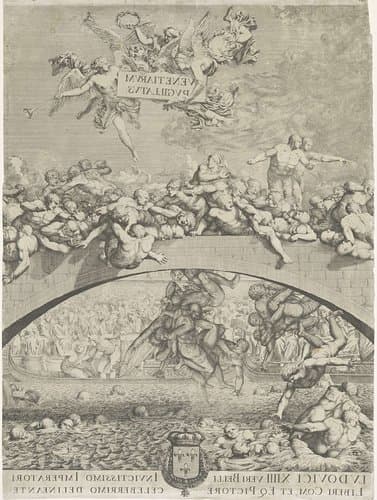 Vechtpartij op brug in Venetië (midden deel spiegelbeeldig) by Domenico Rossetti
