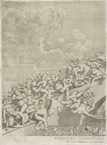 Vechtpartij op brug in Venetië (rechter deel spiegelbeeldig) by Domenico Rossetti